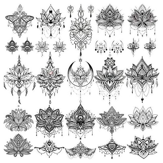 EGMBGM 15 Sheets Sexy Black Henna Mehndi Lotus Temporary Tattoos For Women Fake Jewelry Lace Moon Moth Flowers Pendant Temp Tattoos Temporary Sticker For Girls Arm Neck Chest Breast Hanna Hena Tatoos