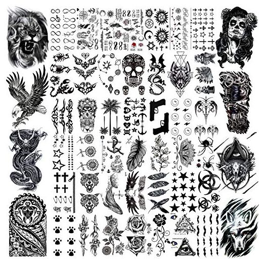 VANTATY 50 Sheets Black Temporary Tattoos For Men Adults Ealge Dragon Lion Wolf Animals, Fake Small Temporary Tattoos For Women Neck Arm Thigh, Skull Tattoo Sticker For Kids Children Boys Girls Tatoos