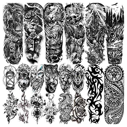 VANTATY 20 Sheets Extra Large Full Arm Temporary Tattoos For Men Adults, Tiger Snake Leopard Lion King Temporary Tattoos Sleeve For Women, Temp Waterproof Fake Tattoo Stickers For Kids Warrior Tatoos