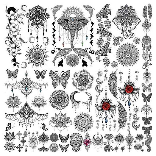 EGMBGM 28 Sheets Tribal Henna Temporary Tattoos For Women Girls, Waterproof Fake Tattoos Temporary Elephant Ganesha Lace Mehndi Hena Tattoo Kits, Lotus Mandala Flower Tatoo Sticker Moon Neck Chest Arm