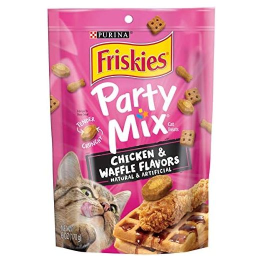 Purina Friskies Made in USA Facilities Cat Treats, Party Mix Chicken & Waffle Flavors - (6) 6 oz. Pouches