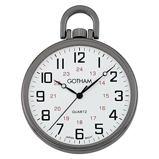 Gotham Men's Gunmetal Ultra Thin Railroad Open Face Quartz Pocket Watch # GWC15026B