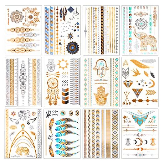 Metallic Temporary Tattoos 120+ for Women Teens Girls Tattoos Gold Silver Glitter Flash Waterproof Tattoo Stickers