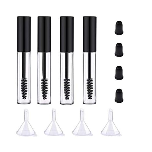 4 Pack Empty Mascara Tube with Eyelash Wand, Aruza 10ml Premium Eyelash Cream Container Bottle with Mini Funnels and Leak Stoppers for Applying Castor Oil and DIY Cosmetics (black)