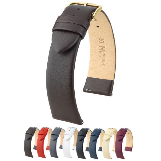 Hirsch Toronto Leather Watch Strap - Brown - M - 18mm - Shiny Gold Buckle - Calf Leather Band