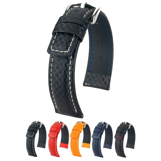 Hirsch Carbon Calf Watch Strap - Black Band/White Upper Stitching - L - 20mm / 18mm - Shiny Silver Buckle - Water Resistant Leather Band