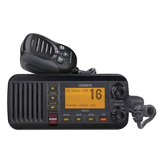 Uniden UM435BK Advanced Fixed Mount VHF Marine Radio, All USA/International/Canadian Marine Channels including new 4-Digit, CDN “B” Channels, 1 Watt/25 Watt Power, Waterproof IPX8 Submersible, Black
