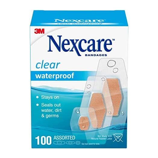 Nexcare Waterproof Clear Bandages, Covers and Protects, 360-degree seal around the pad offers exceptional protection against water, dirt, and germs, Assorted Sizes, 100 Count