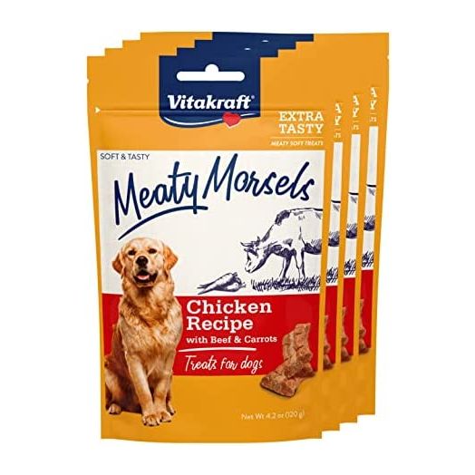 Vitakraft Meaty Morsels Treats for Dogs - Chicken with Beef and Carrots - Super Soft Dog Treats - Two Layers of Gently Oven-Baked Meaty Goodness - Multi Pack of 4