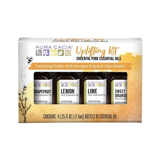 Aura Cacia Cheerful Pure Essential Oils Uplifting Kit, Grapefruit, Lemon, Lime, Sweet Orange, 0.25 fl oz, 4 Count