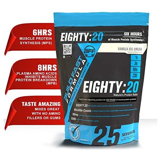 Eighty:20 Protein Powder Casein & Whey Blend | Fast & Slow Digesting Proteins for 6 Hours Muscle Protein Synthesis for Men & Women | Keto Friendly & Great Tasting (Vanilla Ice Cream)