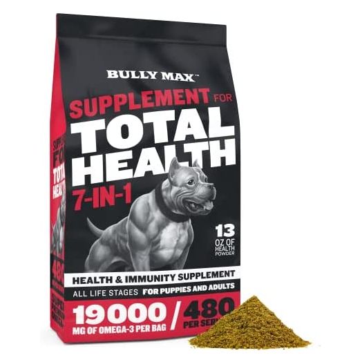 Dog Vitamins Total Health Powder by Bully Max | Puppy and Adult Dog Omega 3 Supplement | 7 in 1 Health and Immunity Chew | Performance Series Muscle Builder for All Breeds | 13 Oz Bag