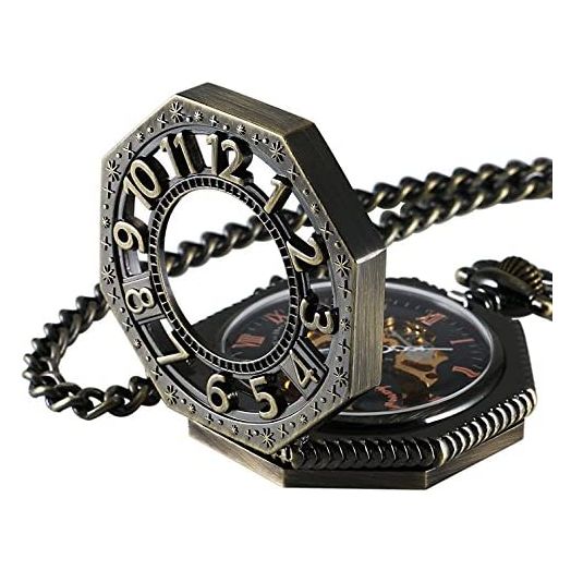 Carrie Hughes Men's Steampunk Vintage Railroad Octagon Skeleton Mechanical Pocket Watch with Chain Dad Gift CHPW02