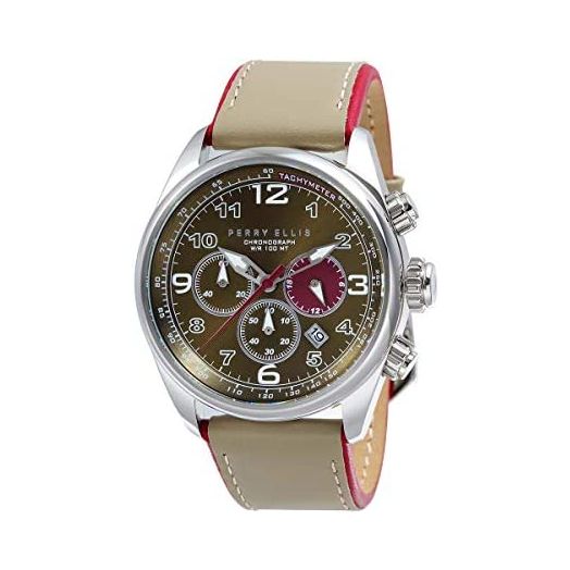 Perry Ellis Mens Watch GT Chronograph Quartz Luminous Watch with Date Genuine Leather Band Waterproof