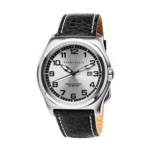 Perry Ellis Men's Watch Memphis 44mm Quartz Watch with Date Genuine Leather Band Waterproof