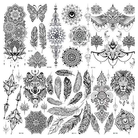COKTAK 6 Pieces/Lot Unique Black Henna Temporary Tattoo Stickers For Adults Women Girls Feather Mandala Flower Body Art Large Big Arm Tattoos Sheet Lace Indian Mehndi Sexy Wedding Tatoos OWL