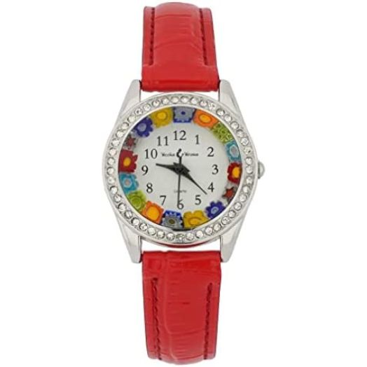 GlassOfVenice Murano Glass Watch Millefiori and Crystals with Leather Band - Red
