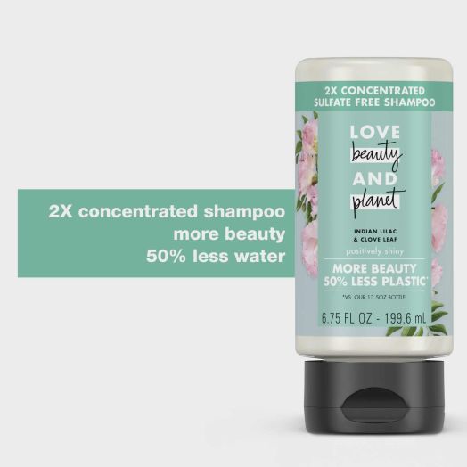 Love Beauty and Planet Positively Shiny 2X Concentrated Nourishing Moisturizing Daily Shampoo with Indian Lilac & Clove Leaf, 6.75 fl oz