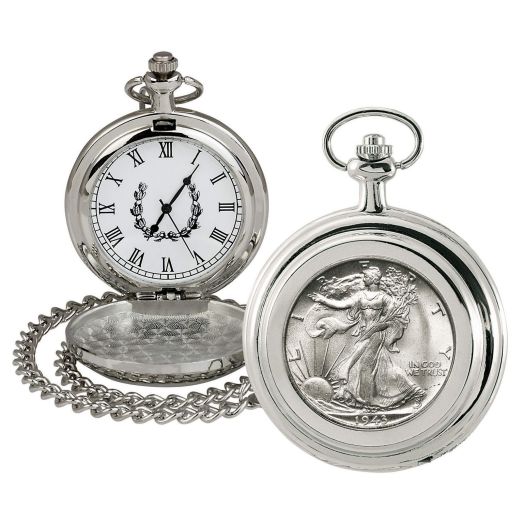 American Coin Treasures U.S. Coin Pocket Watch with Quartz Movement | Silver Walking Liberty Half Dollar | Sweeping Second Hand, Roman Numerals | Silvertone Case | Certificate of Authenticity