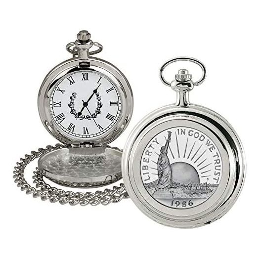 Coin Pocket Watch with Quartz Movement | Statue of Liberty Commemorative Half Dollar | Genuine U.S. Coin | Sweeping Second Hand, Roman Numerals | Certificate of Authenticity
