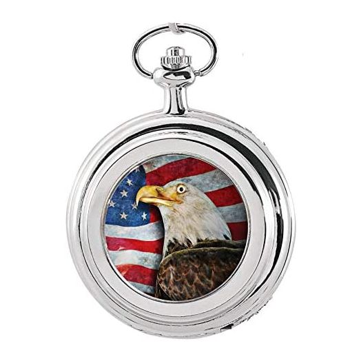 Coin Pocket Watch with American Bald Eagle Colorized JFK Half Dollar | Genuine U.S. Coin | Quartz Movement, Sweeping Second Hand, Roman Numerals | Silvertone Case | Certificate of Authenticity