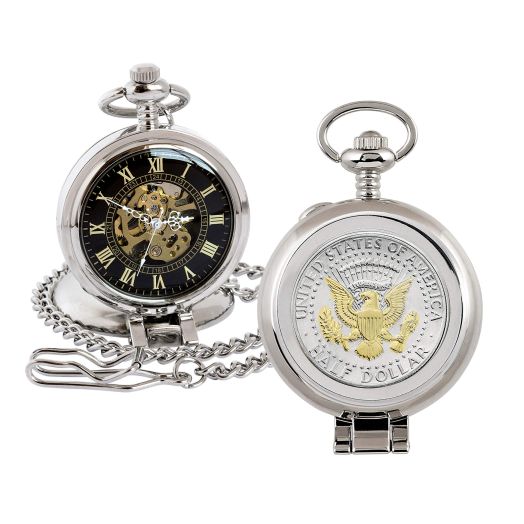 American Coin Treasures U.S. Coin Pocket Watch with Skeleton Quartz Movement | Presidential Seal JFK Half Dollar | Sweeping Second Hand, Roman Numerals | Silvertone Case | Certificate of Authenticity