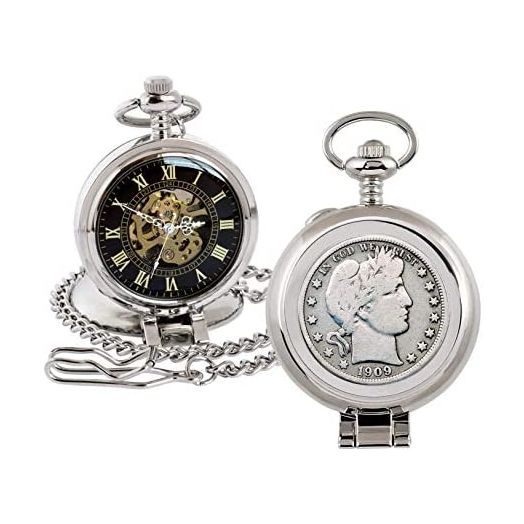 Coin Pocket Watch with Skeleton Quartz Movement | Silver Barber Half Dollar | Genuine U.S. Coin | Sweeping Second Hand, Roman Numerals | Silvertone Case | Certificate of Authenticity