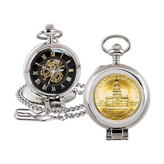 Coin Pocket Watch with Skeleton Quartz Movement | Gold Layered JFK Bicentennial Half Dollar | Genuine U.S. Coin | Sweeping Second Hand, Roman Numerals | Silvertone Case | Certificate of Authenticity