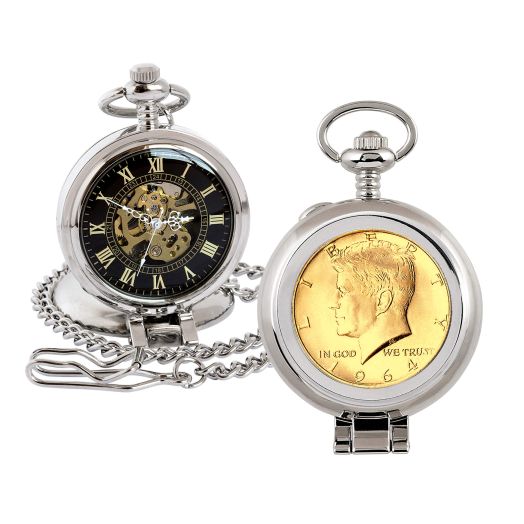 American Coin Treasures U.S. Coin Pocket Watch with Skeleton Quartz Movement, Gold Layered 1964 Silver JFK Half Dollar, Sweeping Second Hand, Roman Numerals, Silvertone Case, Authenticity Certificate