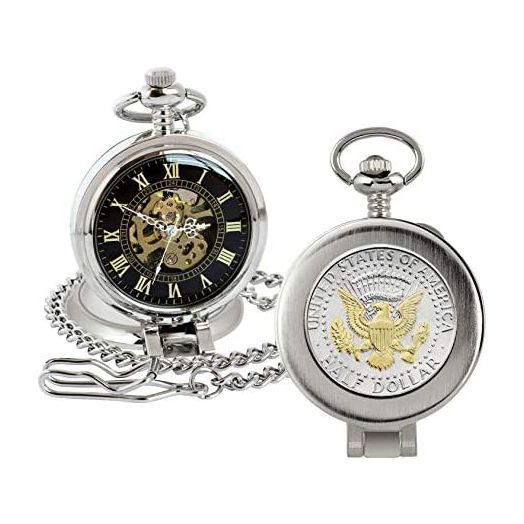 Coin Pocket Watch with Skeleton Movement | Presidential Seal JFK Half Dollar | Genuine U.S. Coin | Sweeping Second Hand, Magnifying Glass | Silvertone Case | Certificate of Authenticity