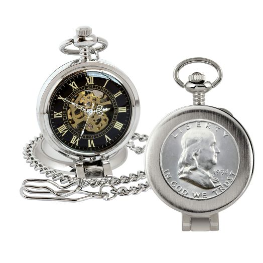 American Coin Treasures U.S. Coin Pocket Watch with Skeleton Movement | Silver Franklin Half Dollar | Sweeping Second Hand, Magnifying Glass | Silvertone Case | Certificate of Authenticity