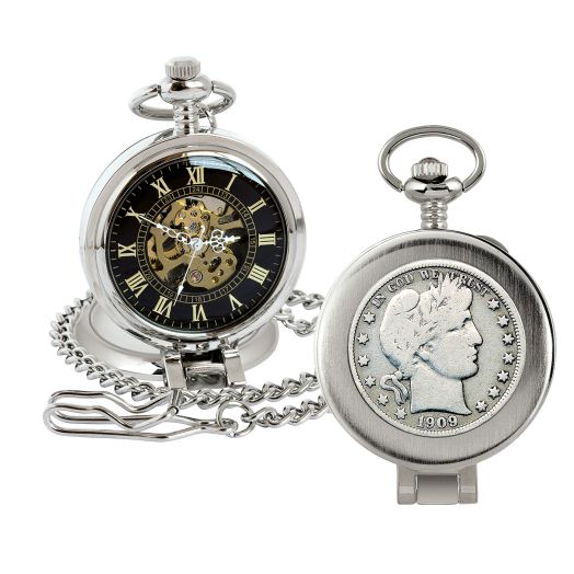 American Coin Treasures U.S. Coin Pocket Watch with Skeleton Movement | Silver Barber Half Dollar | Sweeping Second Hand, Magnifying Glass | Silvertone Case | Certificate of Authenticity
