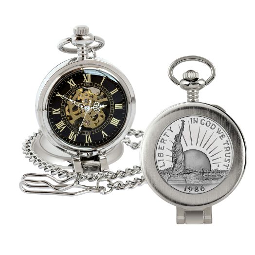 American Coin Treasures U.S. Coin Pocket Watch with Skeleton Movement | Statue of Liberty Commemorative Half Dollar | Sweeping Second Hand, Magnifying Glass | Certificate of Authenticity