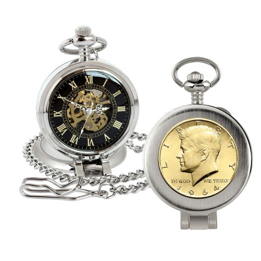 American Coin Treasures U.S. Coin Pocket Watch with Skeleton Movement | Gold Layered 1964 Silver JFK Half Dollar | Sweeping Second Hand, Magnifying Glass | Silvertone Case | Authenticity Certificate