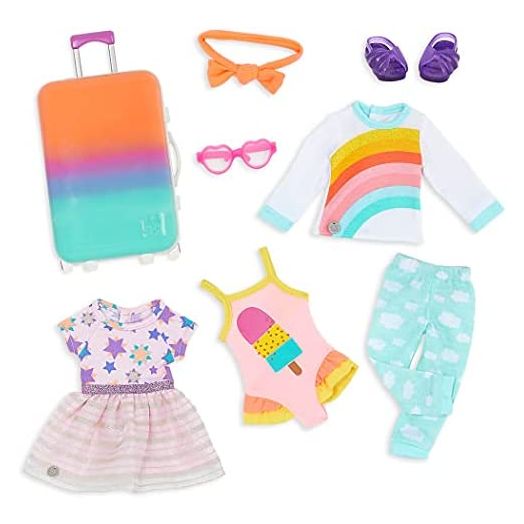 Glitter Girls Dolls – Suitcase & Fashion Set – Luggage with 3 Mix & Match Outfits & Heart Glasses – Rainbow Pajama, Swimsuit, Star-Print Dress – 14” Doll Clothes & Accessories for Kids Ages 3 and Up