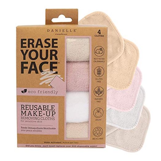 ERASE YOUR FACE Face Reusable Makeup Removing Cloths With Friendly Packaging By Danielle Enterprises 4 pack D50007, ECO, 1 Count