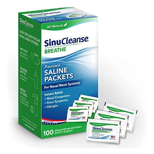 SinuCleanse Pre-Mixed Saline Packets for Nasal Wash Irrigation Systems, 100 Count-All-Natural, Pharmaceutical Grade, and PH Balanced