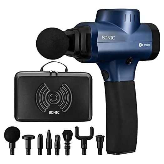 Sonic Handheld Percussion Massage Gun - Deep Tissue Massager for Sore Muscle and Stiffness - Quiet, 5 Speed High-Intensity Vibration - Quick Rechargeable Device - Includes 8 Massage Heads (Blue)