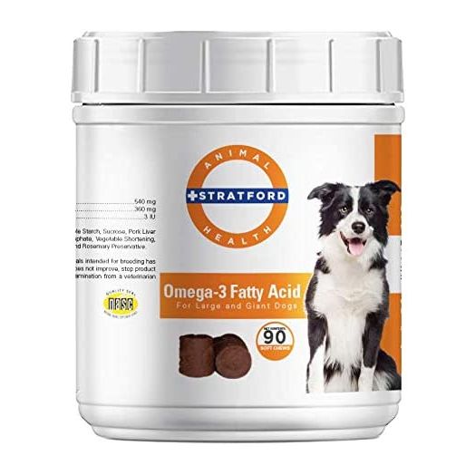 Stratford Pharmaceuticals EZ Chew Omega 3 Fatty Acid Soft Chew Max Strength - Dog Omega 3 Supplement - Soft Chew Treats with Fish Oil for Dogs - Large and Giant Dogs - 90 Soft Chews