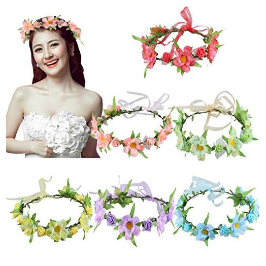 6Pcs Adjustable Floral Headbands with Elastic Ribbon Flowers Crown Garland Women Girls Teens Headpiece for Party Wedding Beach Festival