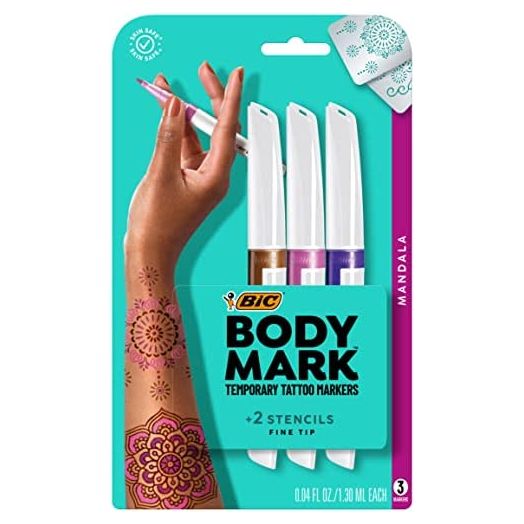 BIC BodyMark Temporary Tattoo Marker with Fine Tip, Mandala, Assorted Colors, Pack of 3 Markers + 3 Stencils
