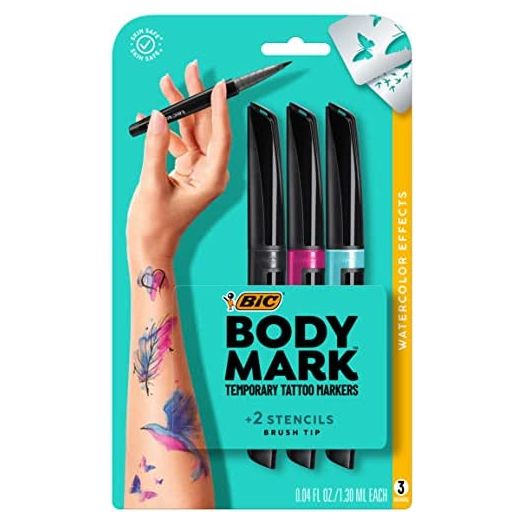 BodyMark by BIC, Temporary Tattoo Marker, Watercolor Inspiration, Skin Safe, Brush Tip, Assorted Colors, 3-Pack with Stencils