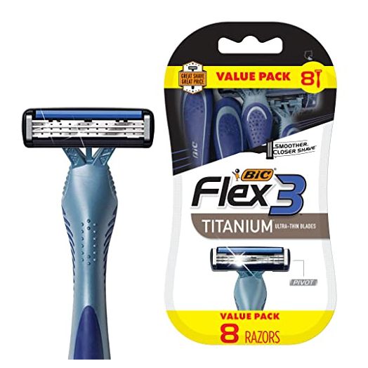 BIC Flex 3 Titanium Men’s Disposable Razors With 3 Blades, Ideal Razor For Face and Body Shaving, 8 Piece Razor Kit for Men