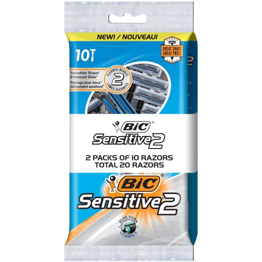 BIC Sensitive 2 Men's Disposable Razor, 20-Count, Two Blades for Enhanced Glide, Great Shave and Great Price