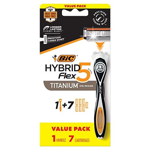 BIC Flex 5 Hybrid Disposable Razors for Men, Sensitive Skin Razor For a Smooth and Close Shave, 1 Handle and 7 Cartridges With 5 Blades