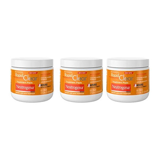 Neutrogena Rapid Clear Maximum Strength Acne Face Pads with 2% Salicylic Acid Acne Medication to Help Fight Breakouts, Oil-Free Facial Cleansing Pads for Acne-Prone Skin, 60 ct, Pack of 3