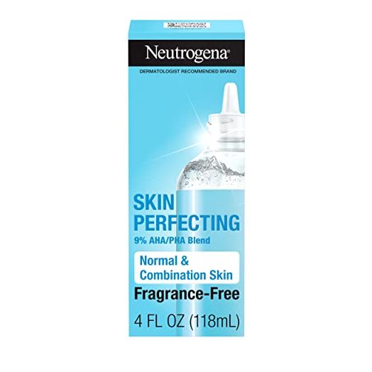 Neutrogena Skin Perfecting Daily Liquid Facial Exfoliant with 9% AHA/PHA Blend for Normal & Combination Skin, Smoothing & Brightening Leave-On Exfoliator, Oil- & Fragrance-Free, 4 fl. oz