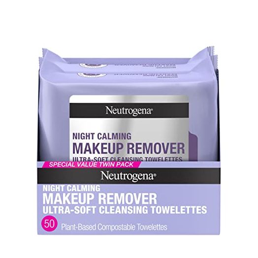 Neutrogena Makeup Remover Night Calming Cleansing Towelettes, Disposable Nighttime Face Wipes to Remove Dirt, Oil & Makeup, 25 ct, Twin Pack