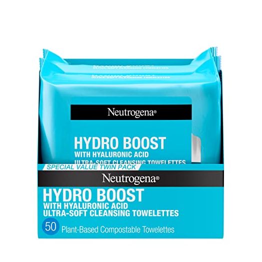 Neutrogena Facial Cleansing Makeup Remover Wipes with Hyaluronic Acid Hydrating PreMoistened Face Towelettes to Cleanse Remove Dirt Makeup Impurities Twin Pack 25 ct, Hydroboost, 50 Count