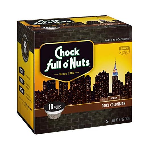 Chock Full o’Nuts Colombian Medium Roast, K-Cup Compatible Pods (18 Count) – Arabica Coffee in Eco-Friendly Keurig-Compatible Single Serve Cups